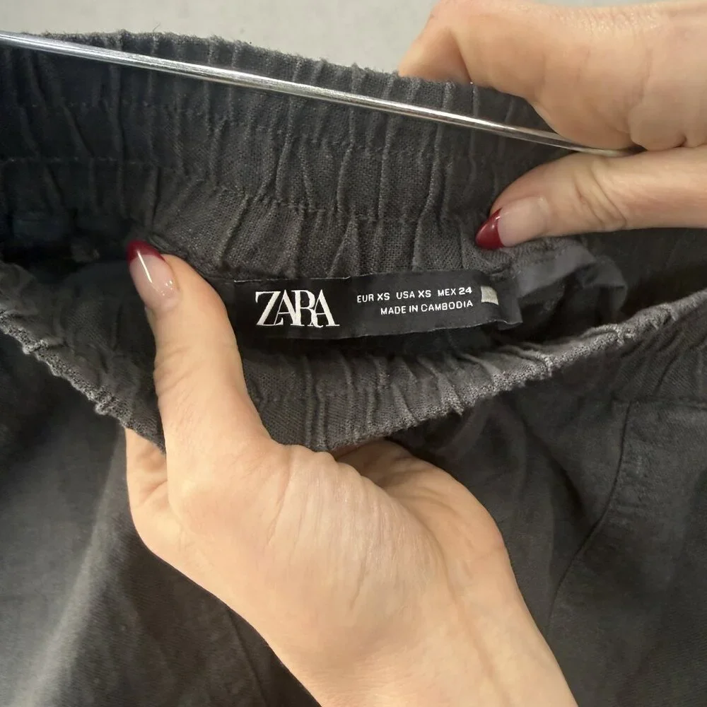Zara Pants Womens XS Gray Linen Viscose Cropped Tapered Elastic Waist Drawstring